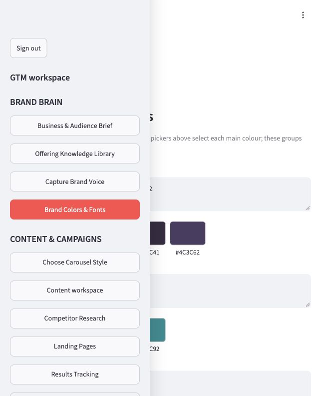 Actual GTM app sidebar showing Brand Brain sections and saved colour swatches